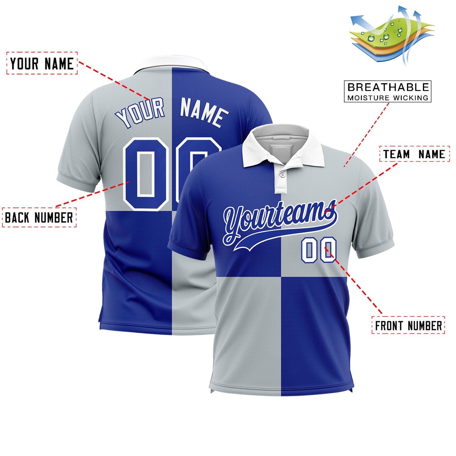 Custom Royal Silver Four Squares Design Performance Polo Shirt