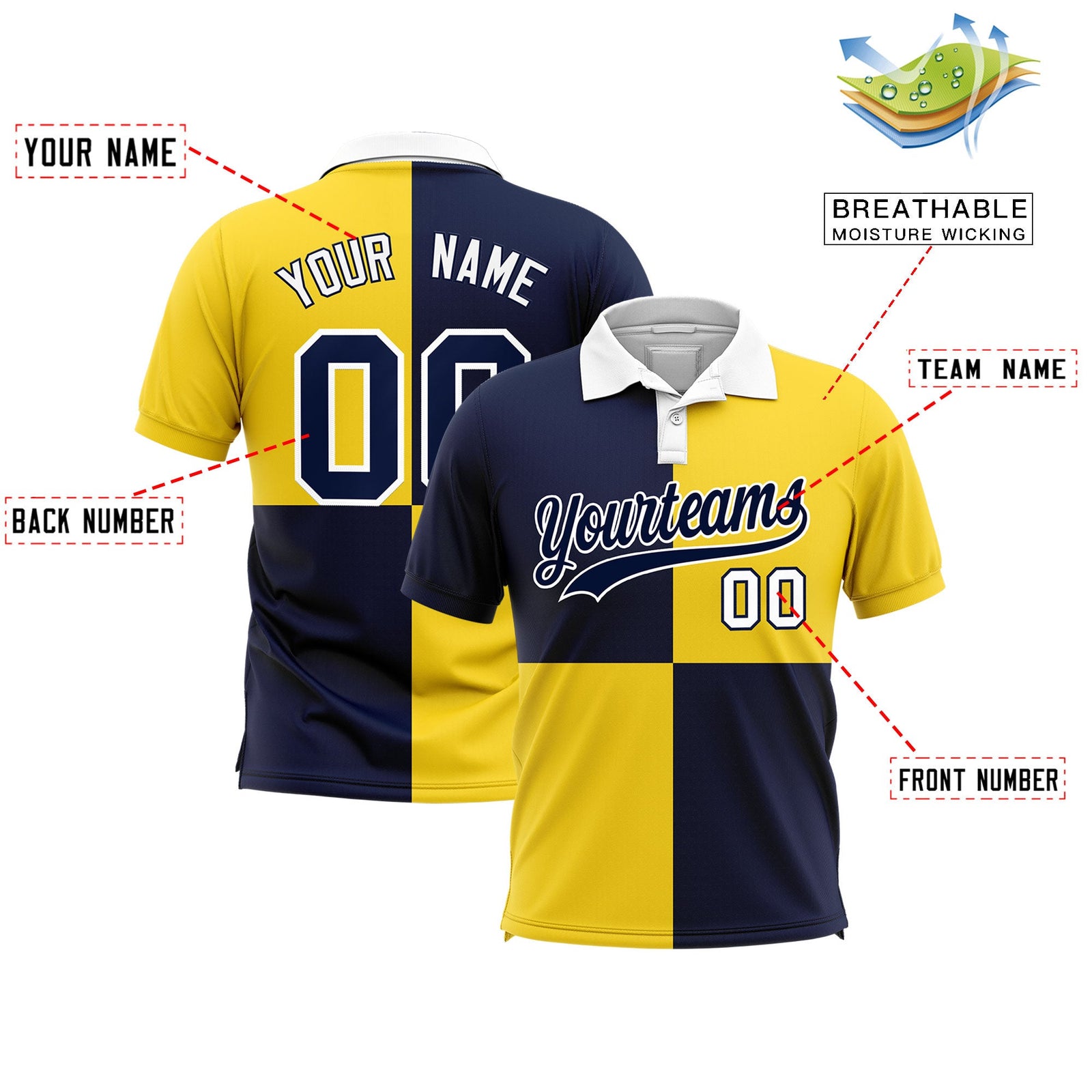 Custom Navy Gold Four Squares Design Performance Polo Shirt