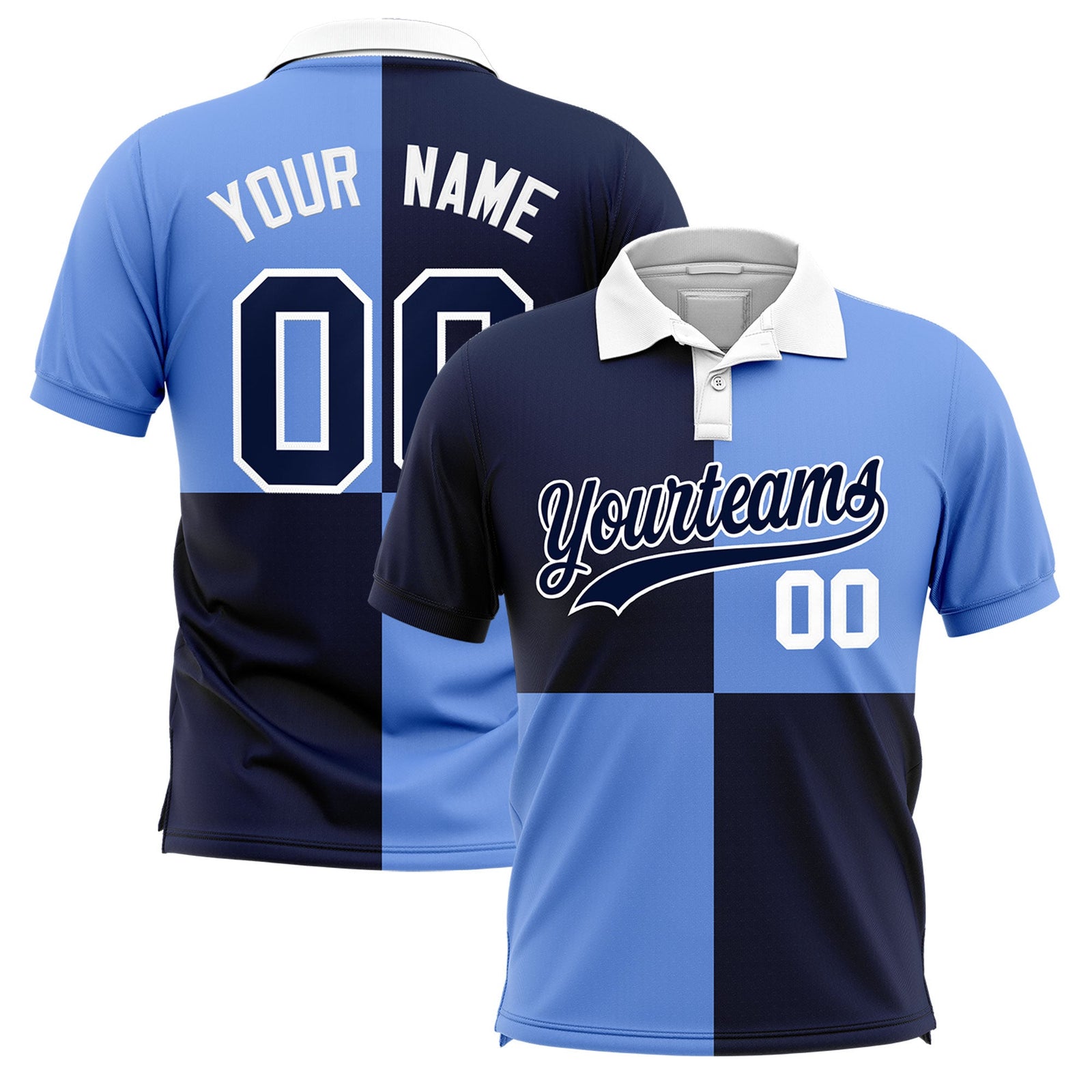 Custom Navy Light Blue Four Squares Design Performance Polo Shirt