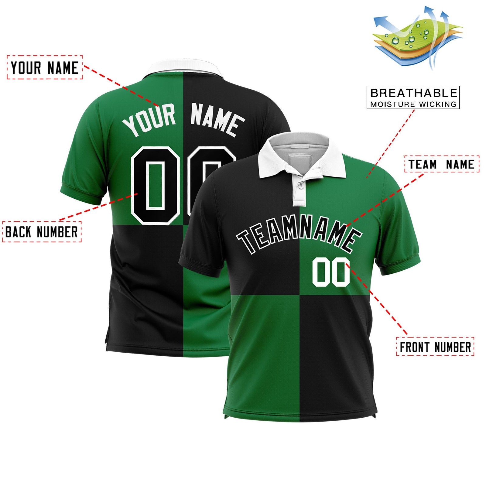 Custom Black Kelly Green Four Squares Design Performance Polo Shirt
