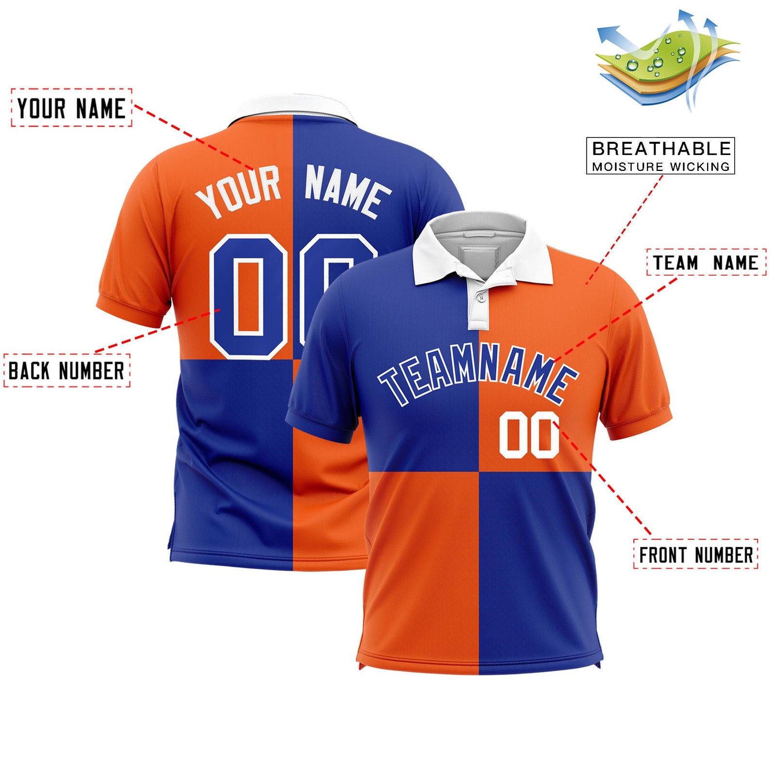 Custom Royal Orange Four Squares Design Performance Polo Shirt