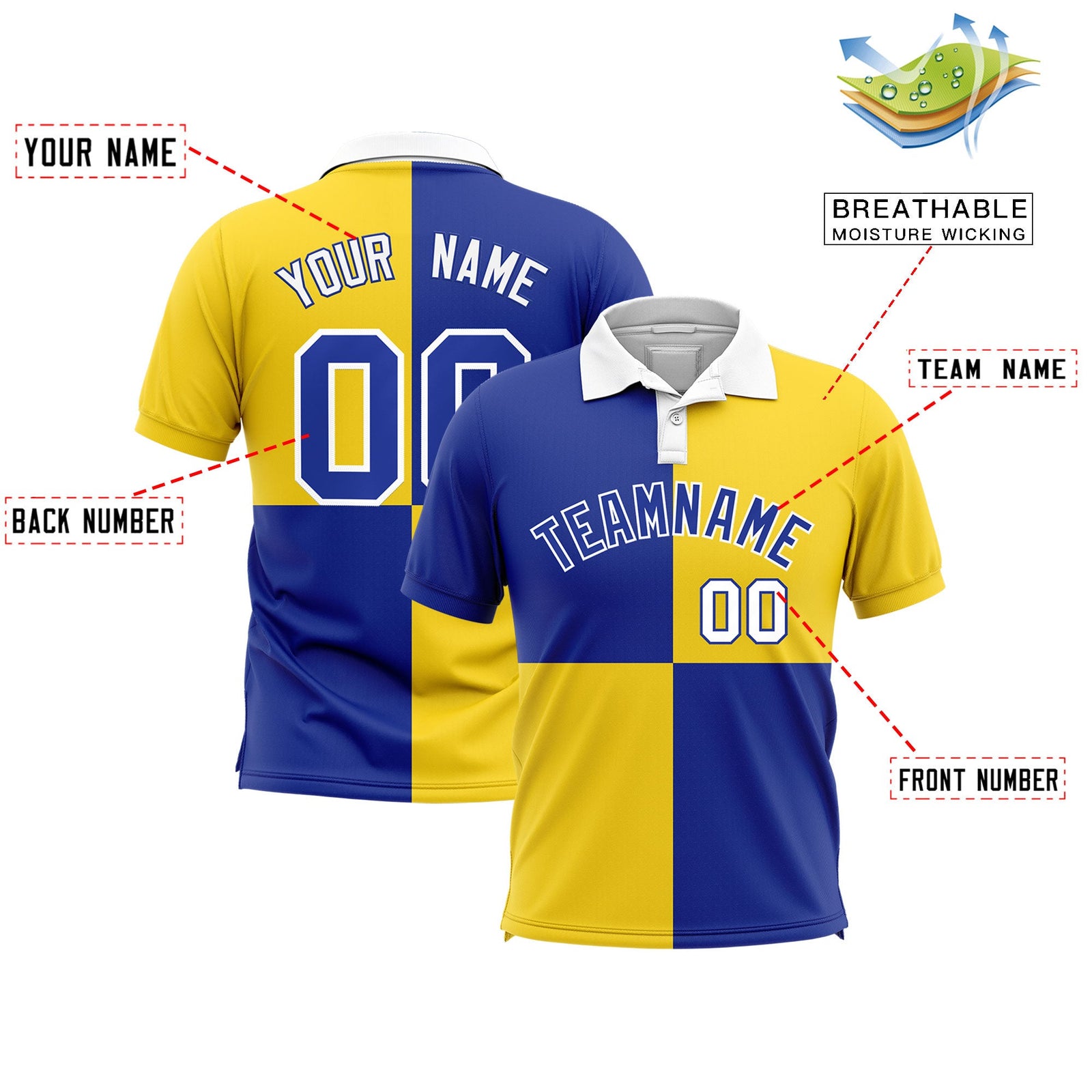 Custom Royal Gold Four Squares Design Performance Polo Shirt