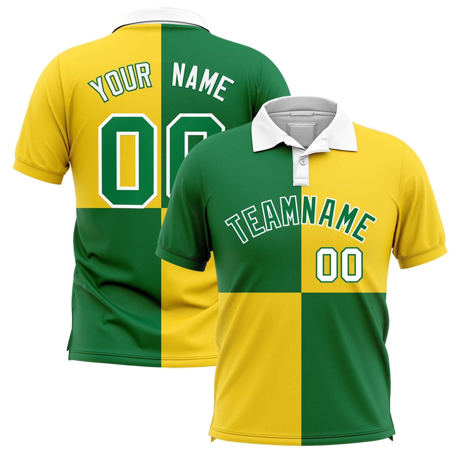 Custom Kelly Green Gold Four Squares Design Performance Polo Shirt