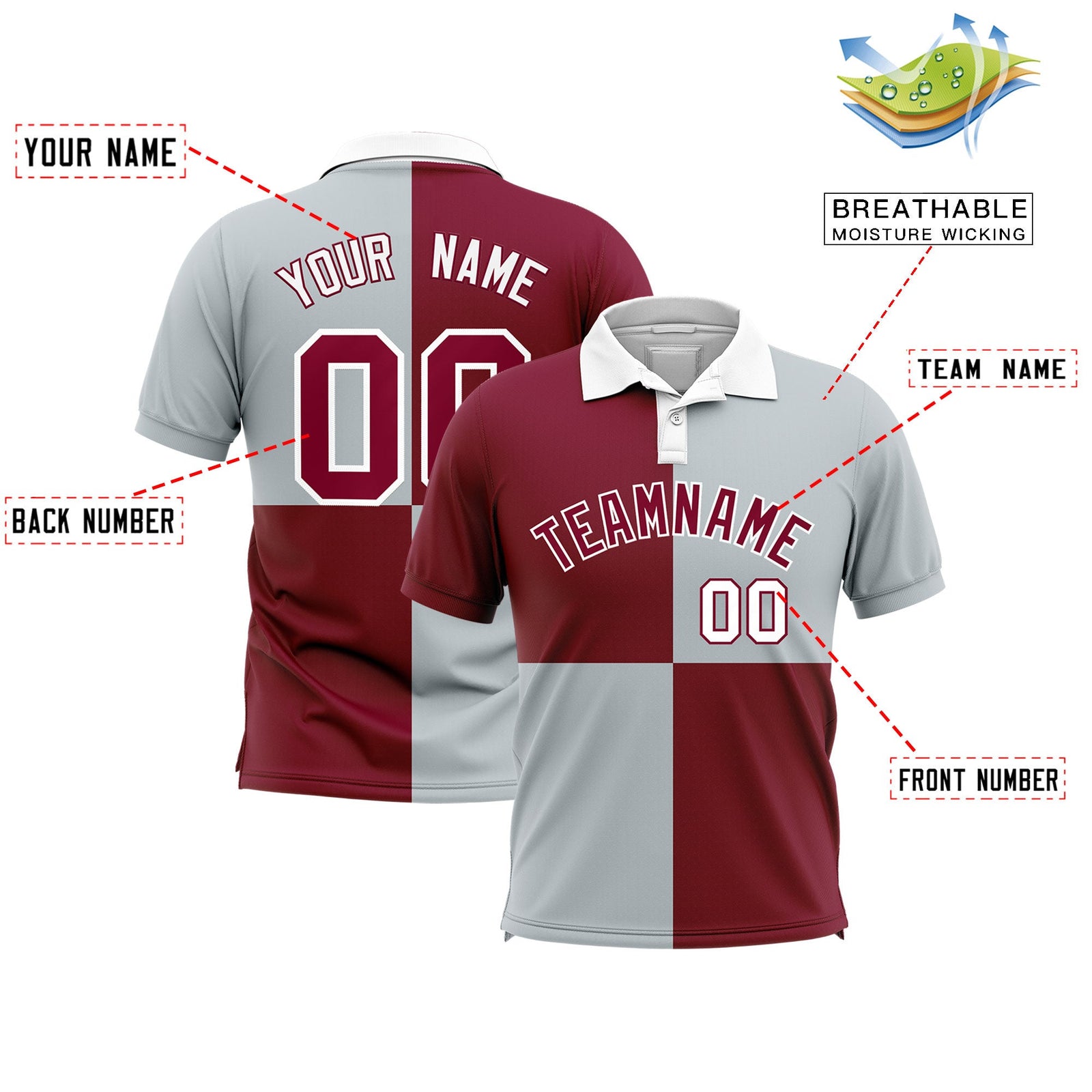 Custom Crimson Silver Four Squares Design Performance Polo Shirt