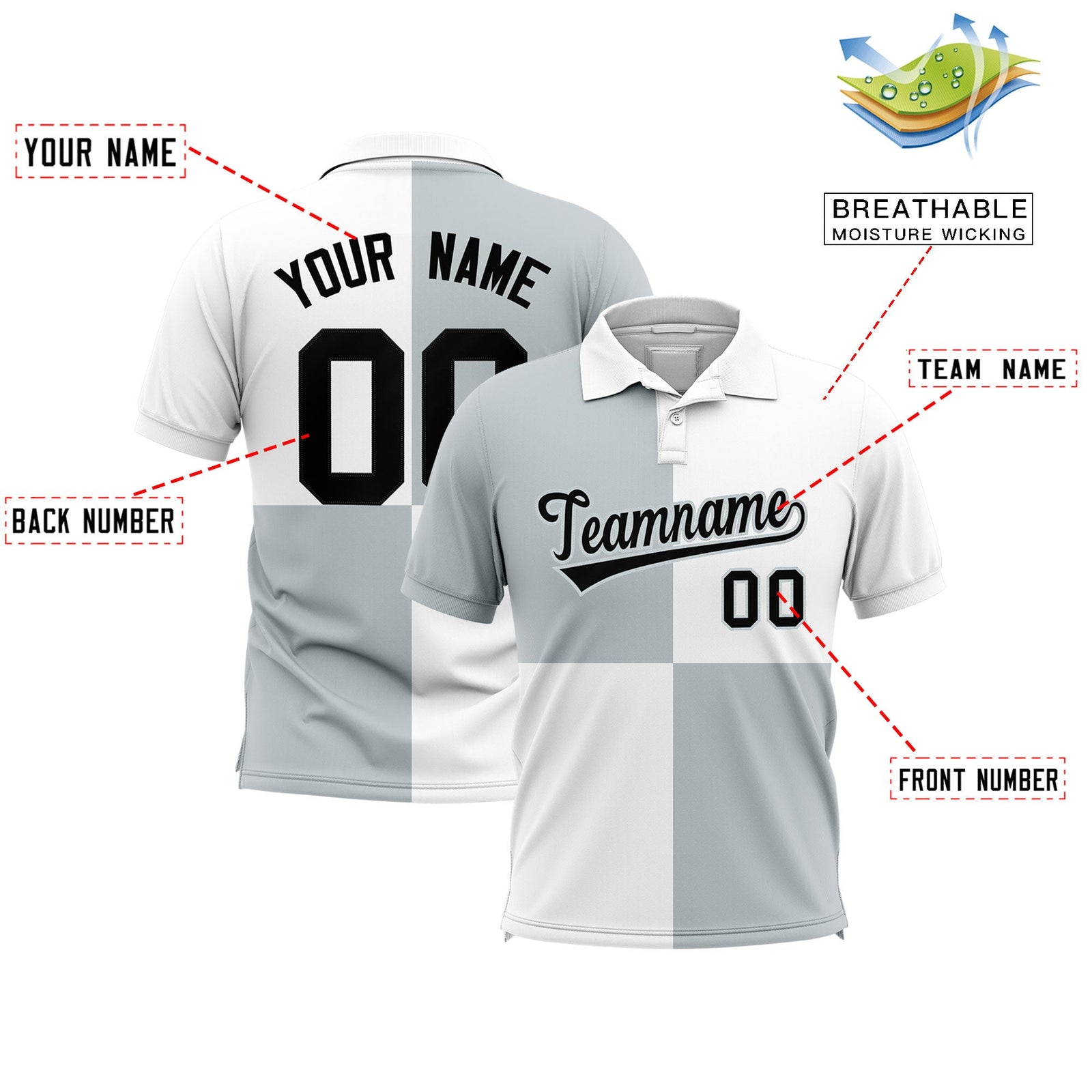 Custom Silver White Four Squares Design Performance Polo Shirt