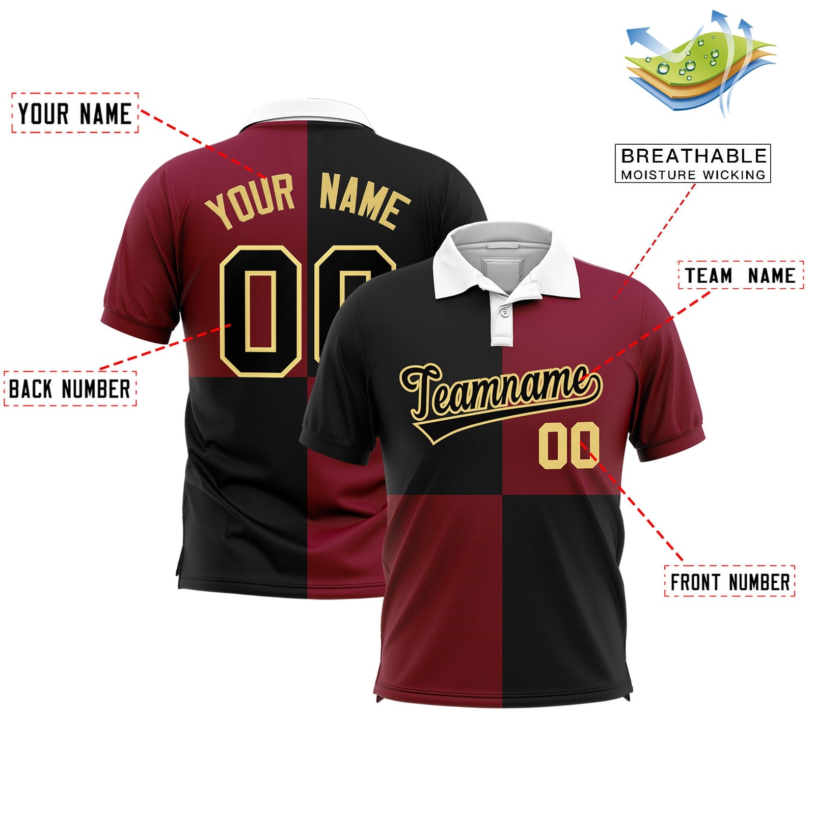 Custom Black Crimson Four Squares Design Performance Polo Shirt