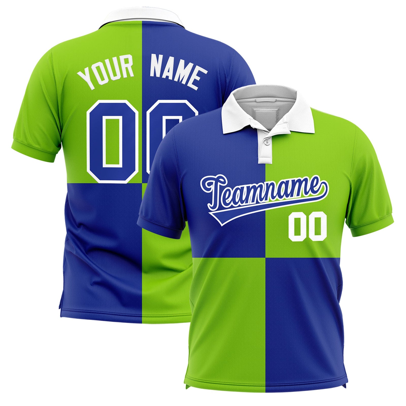 Custom Royal Neon Green Four Squares Design Performance Polo Shirt