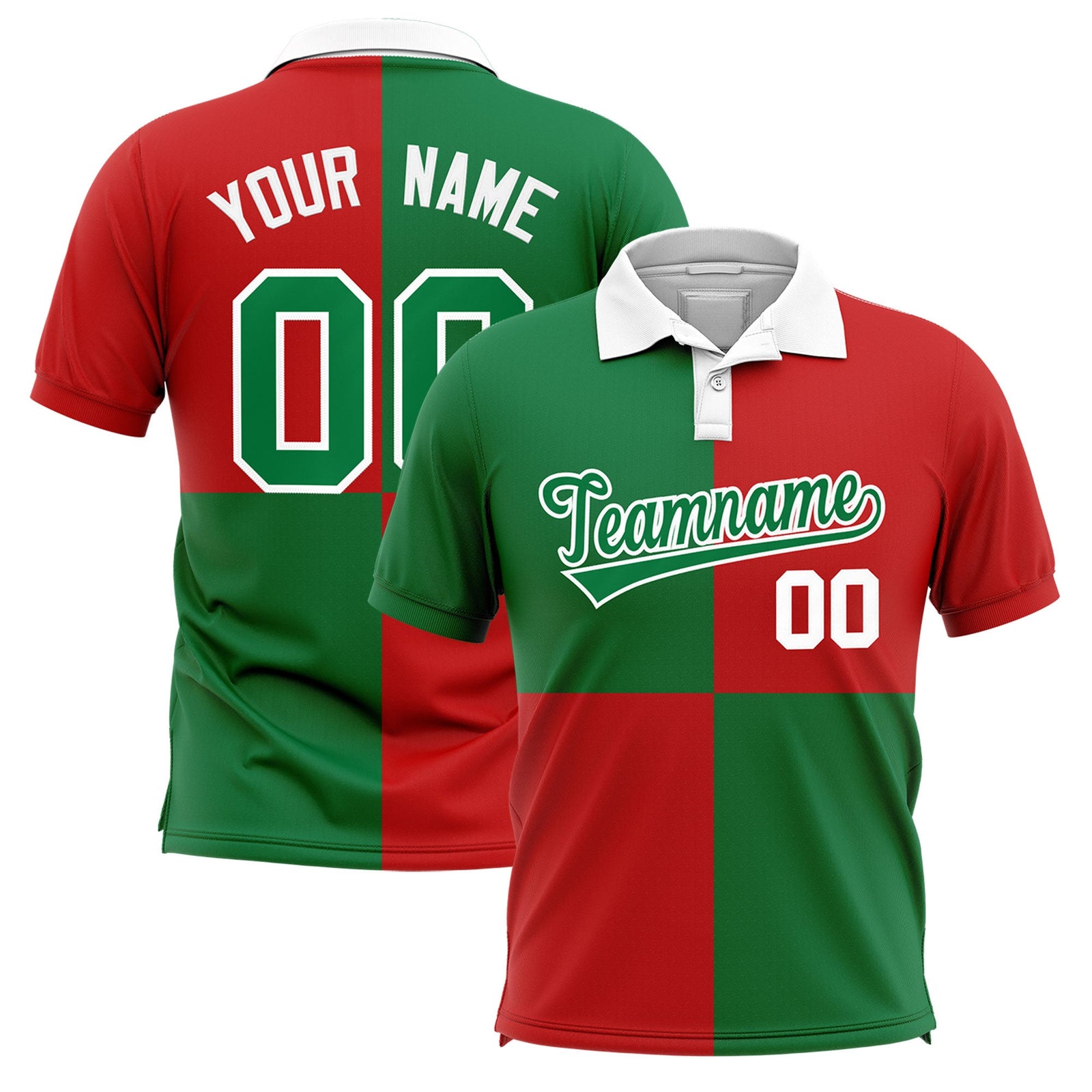 Custom Kelly Green Red Four Squares Design Performance Polo Shirt
