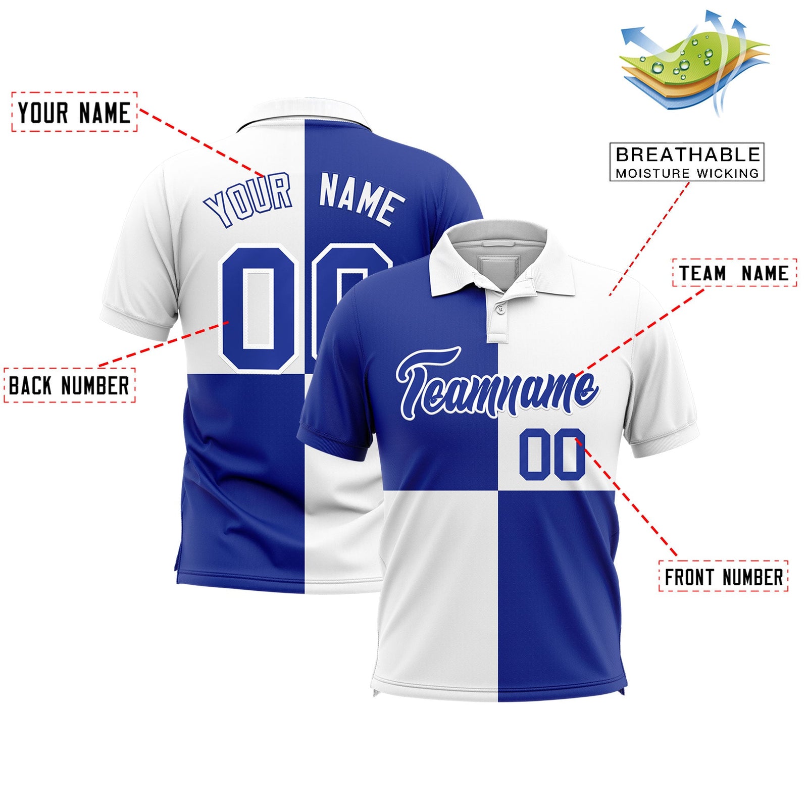 Custom White Royal Four Squares Design Performance Polo Shirt