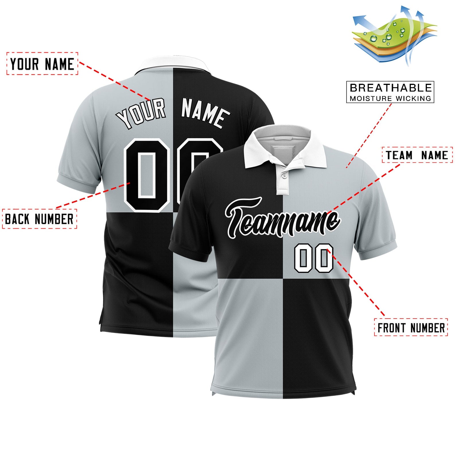 Custom Black Silver Four Squares Design Performance Polo Shirt