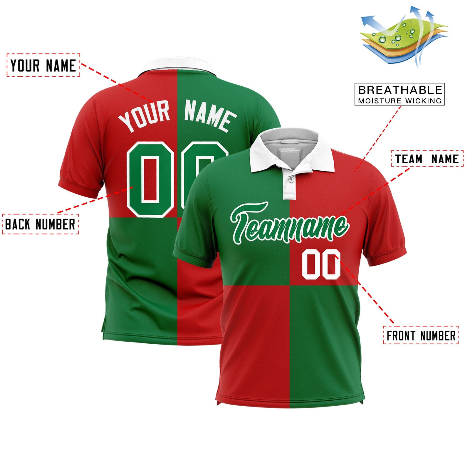 Custom Kelly Green Red Four Squares Design Performance Polo Shirt