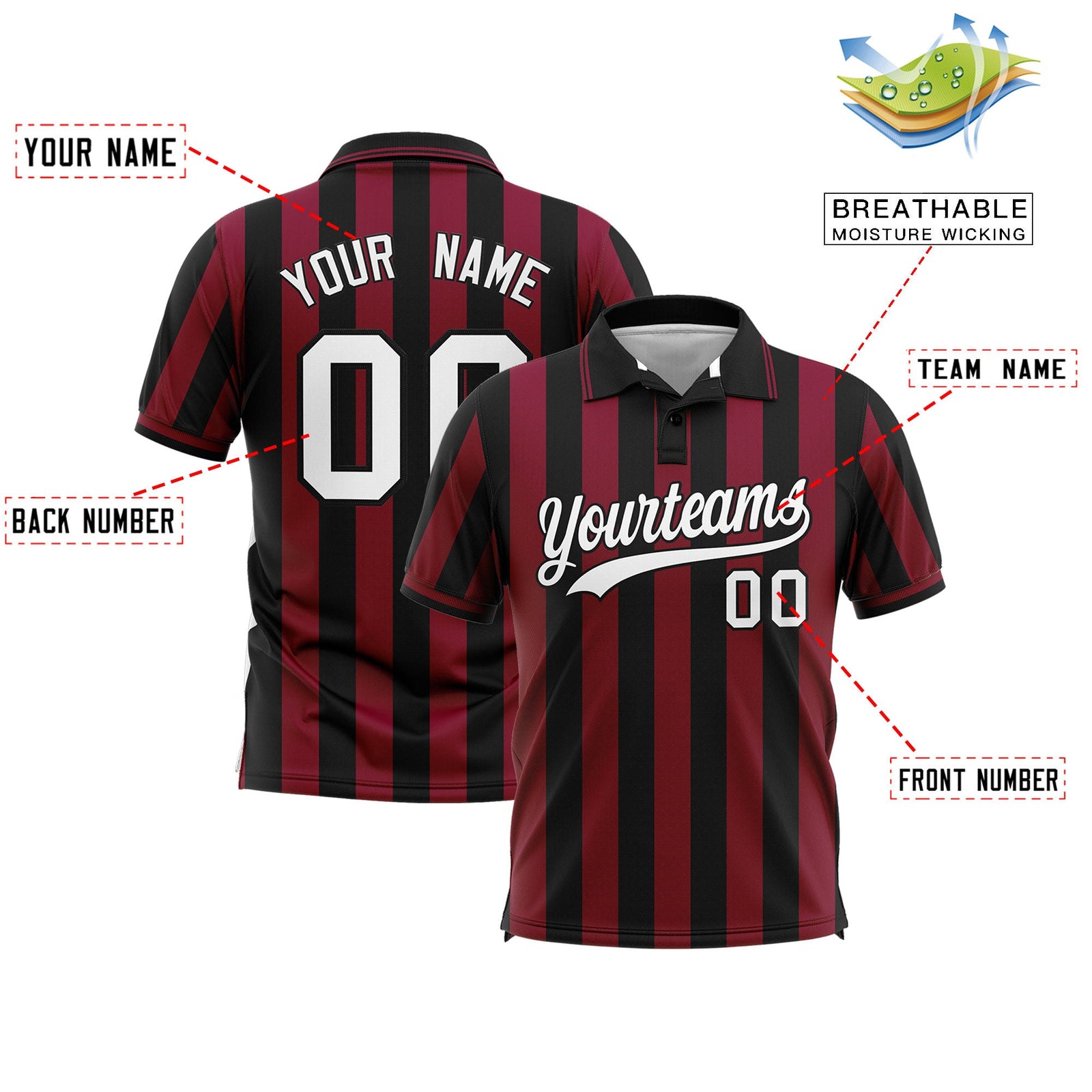 Custom Black Crimson Vertical Stripes Design Performance Polo Shirt