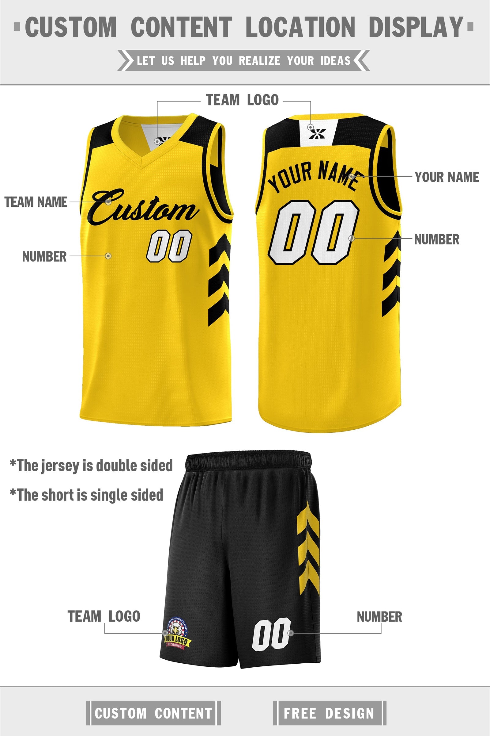 Custom Black Yellow Double Side Sets Personalized Basketball Jersey