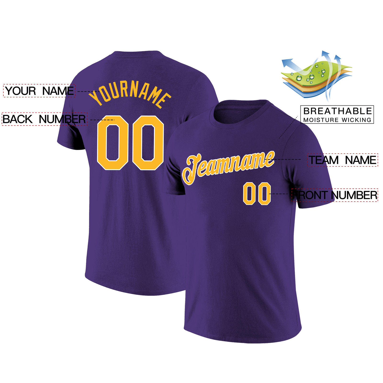 Custom Purple Yellow-White Classic Style Crew neck T-Shirts Full Sublimated