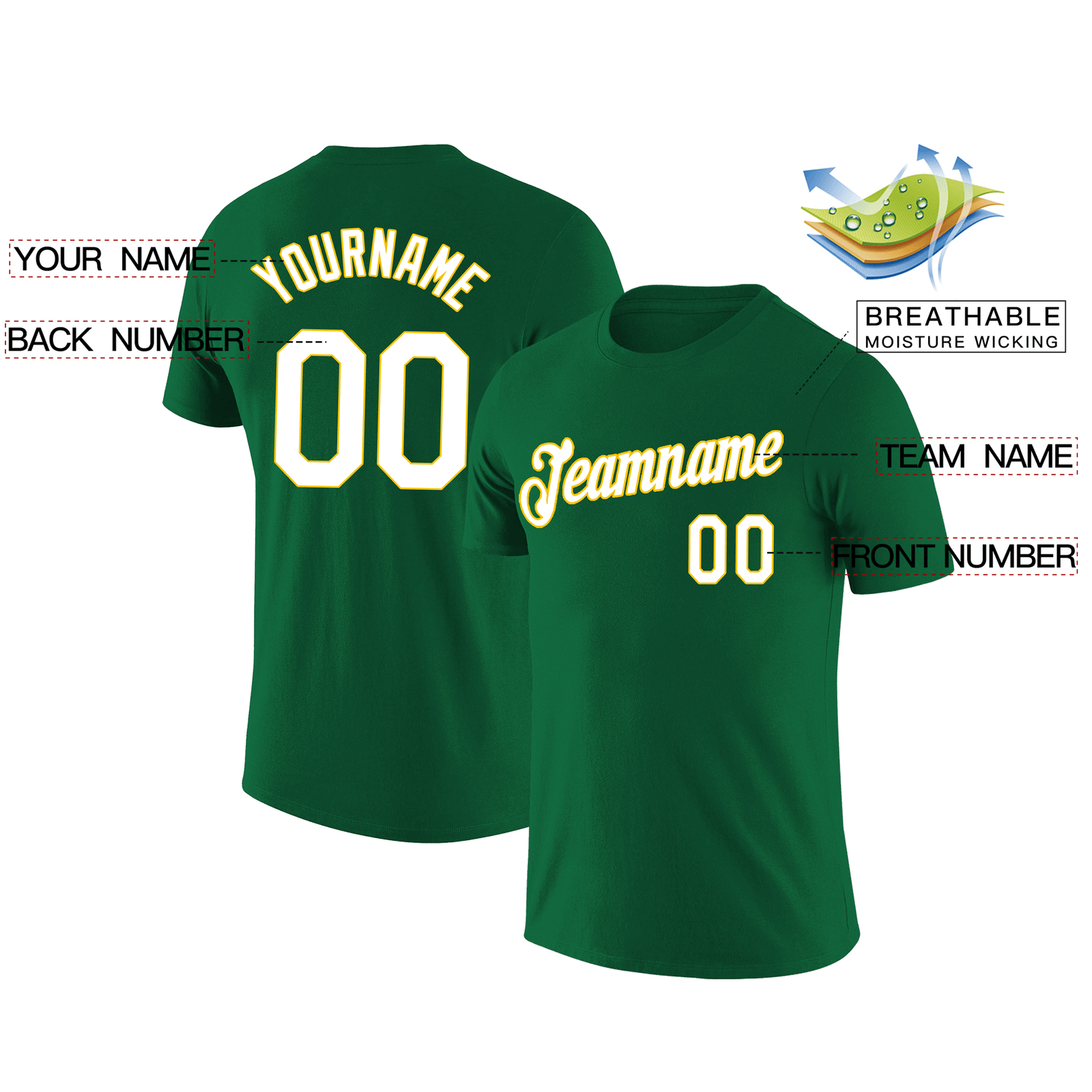 Custom Kelly Green White-Yellow Classic Style Crew neck T-Shirts Full Sublimated