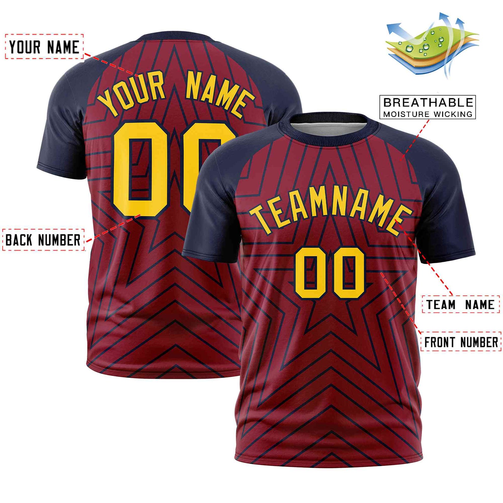 Custom Crimson Navy Personalized Star Pattern Raglan Sleeves Performance T-Shirt