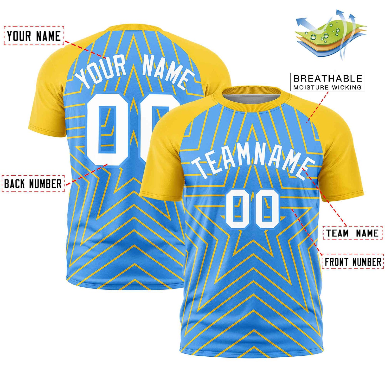 Custom Powder Blue Gold Personalized Star Pattern Raglan Sleeves Performance T-Shirt