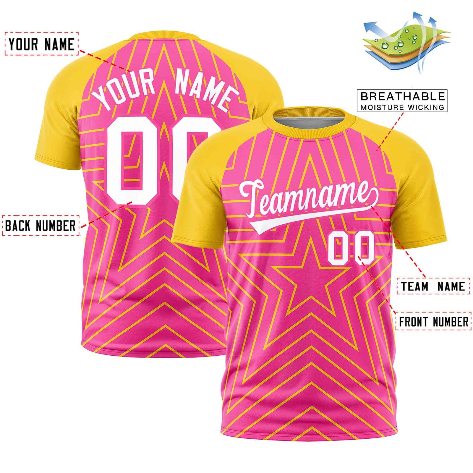 Custom Pink Gold Personalized Star Pattern Raglan Sleeves Performance T-Shirt