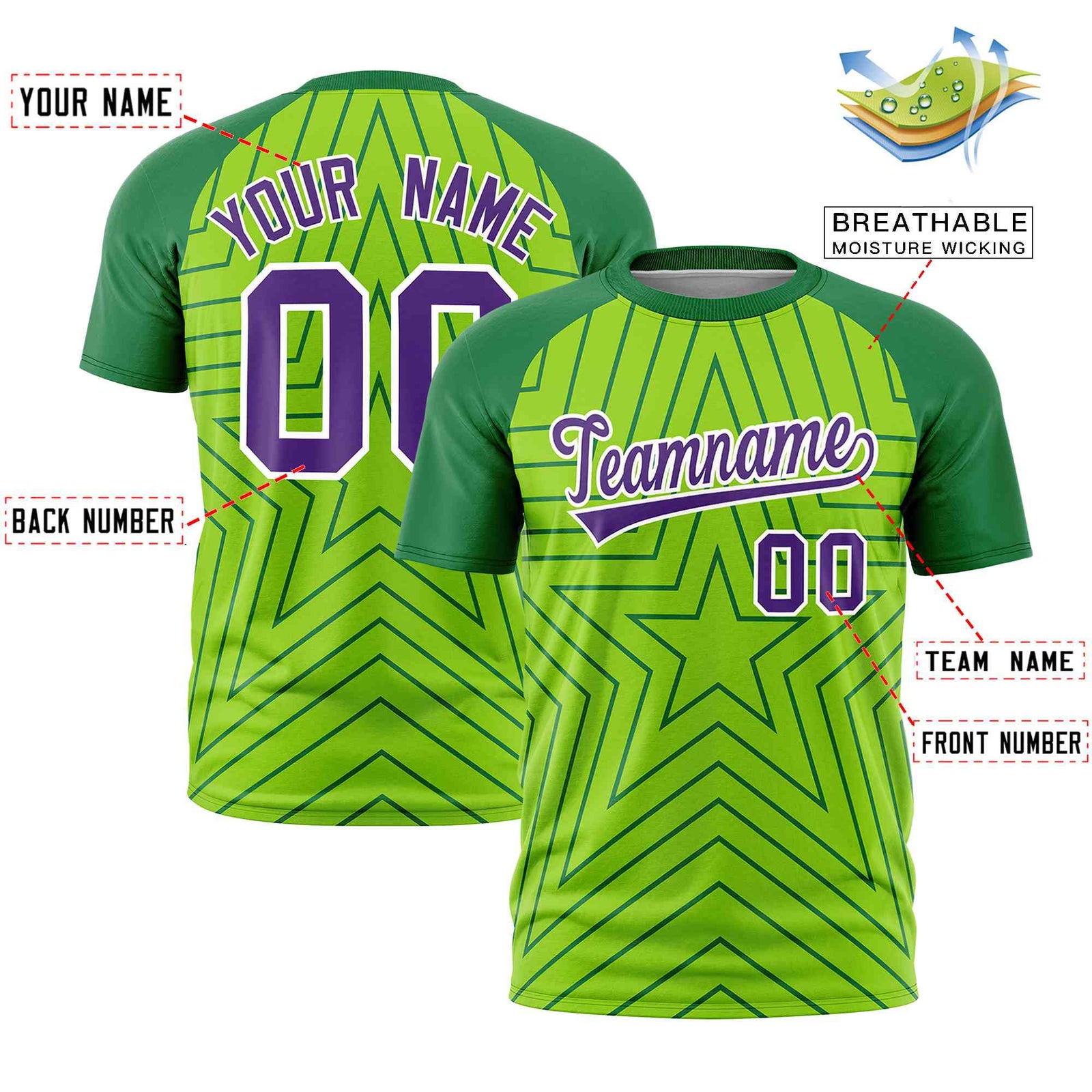 Custom Neon Green Kelly Green Personalized Star Pattern Raglan Sleeves Performance T-Shirt