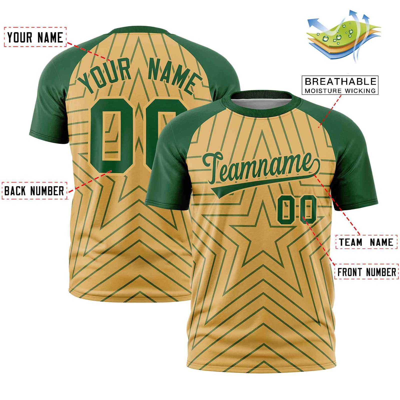 Custom Old Gold Green Personalized Star Pattern Raglan Sleeves Performance T-Shirt