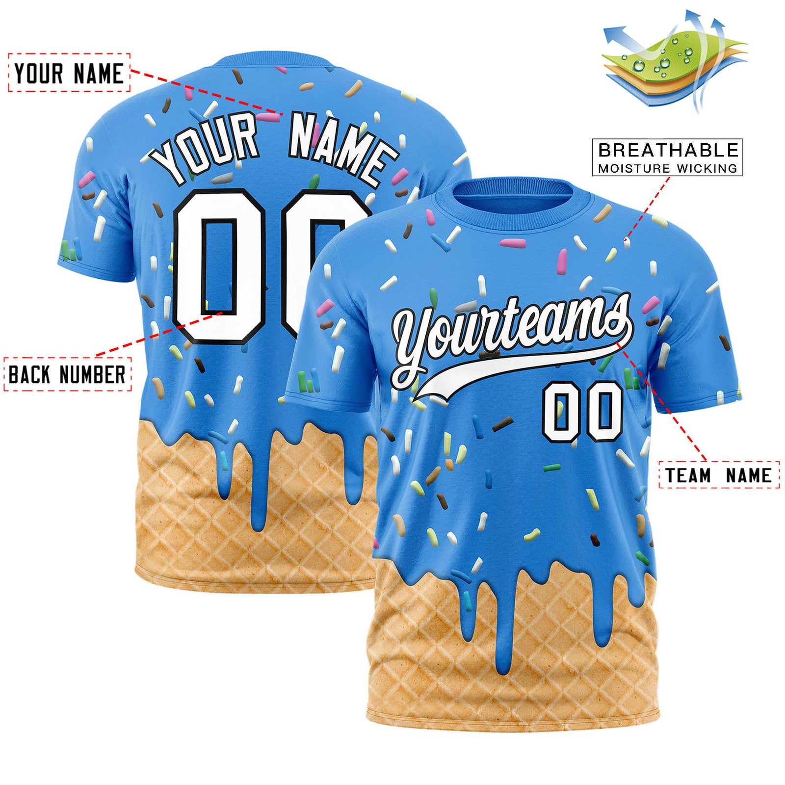Custom Light Blue Ice Cream Cone Graffiti Pattern Fashion Authentic T-Shirt