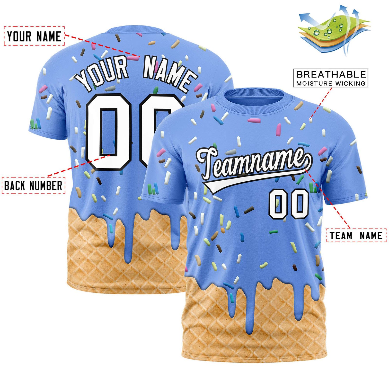 Custom Light Blue Ice Cream Cone Graffiti Pattern Fashion Authentic T-Shirt