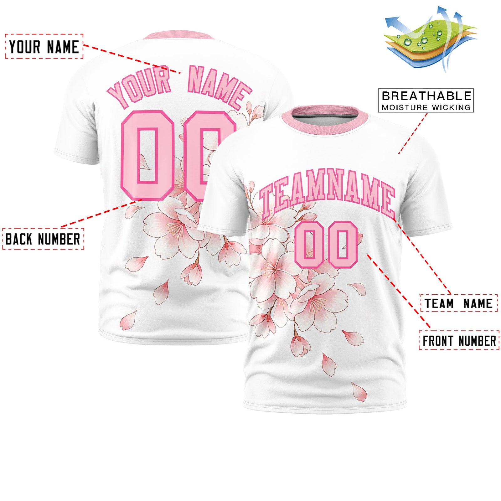 Custom White Light Pink Pink Cherry Blossoms Personalization Moisture-Wicking T-shirt| KXKSHOP