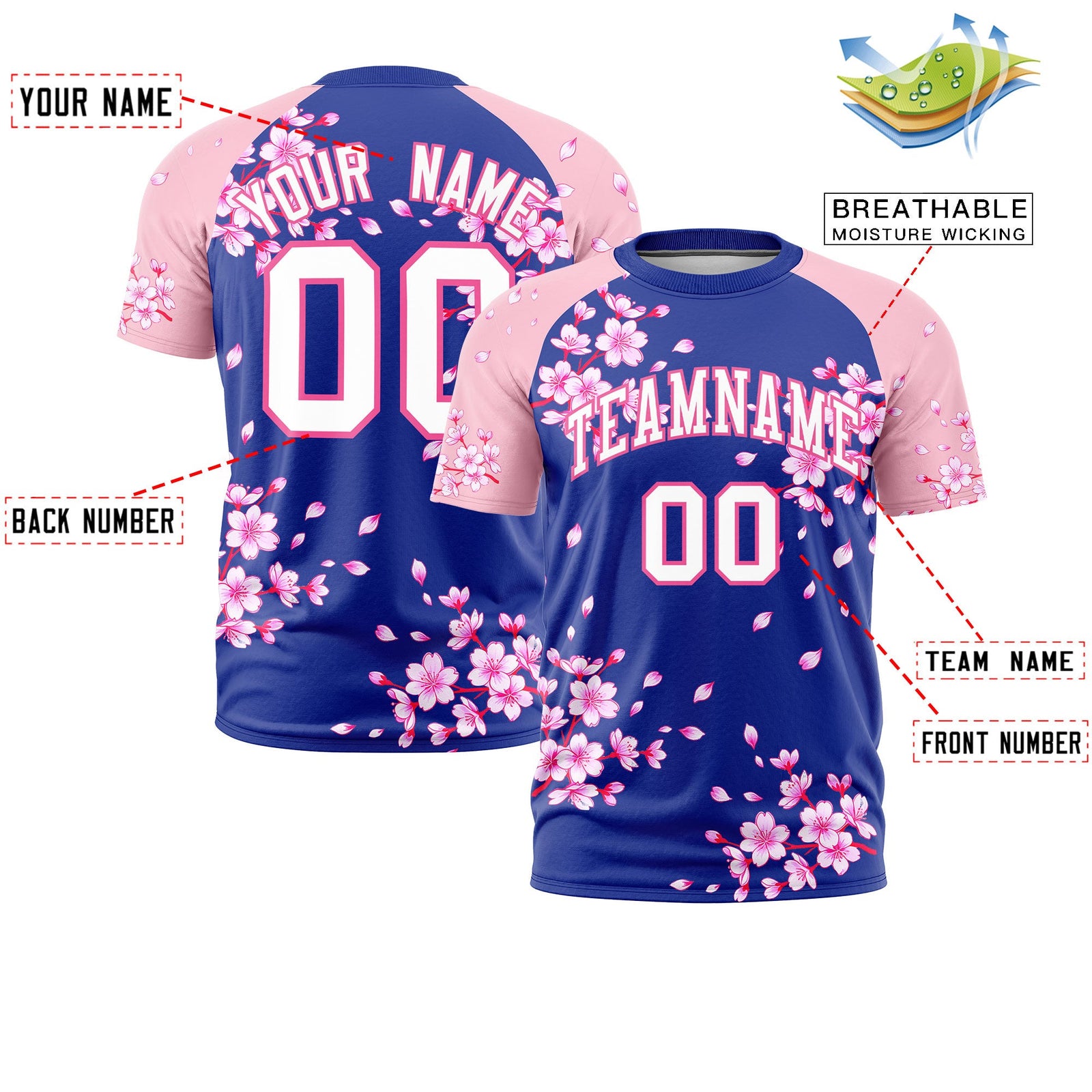 Custom Royal Blue Light Pink White Cherry Blossoms Personalization Moisture-Wicking T-shirt| KXKSHOP
