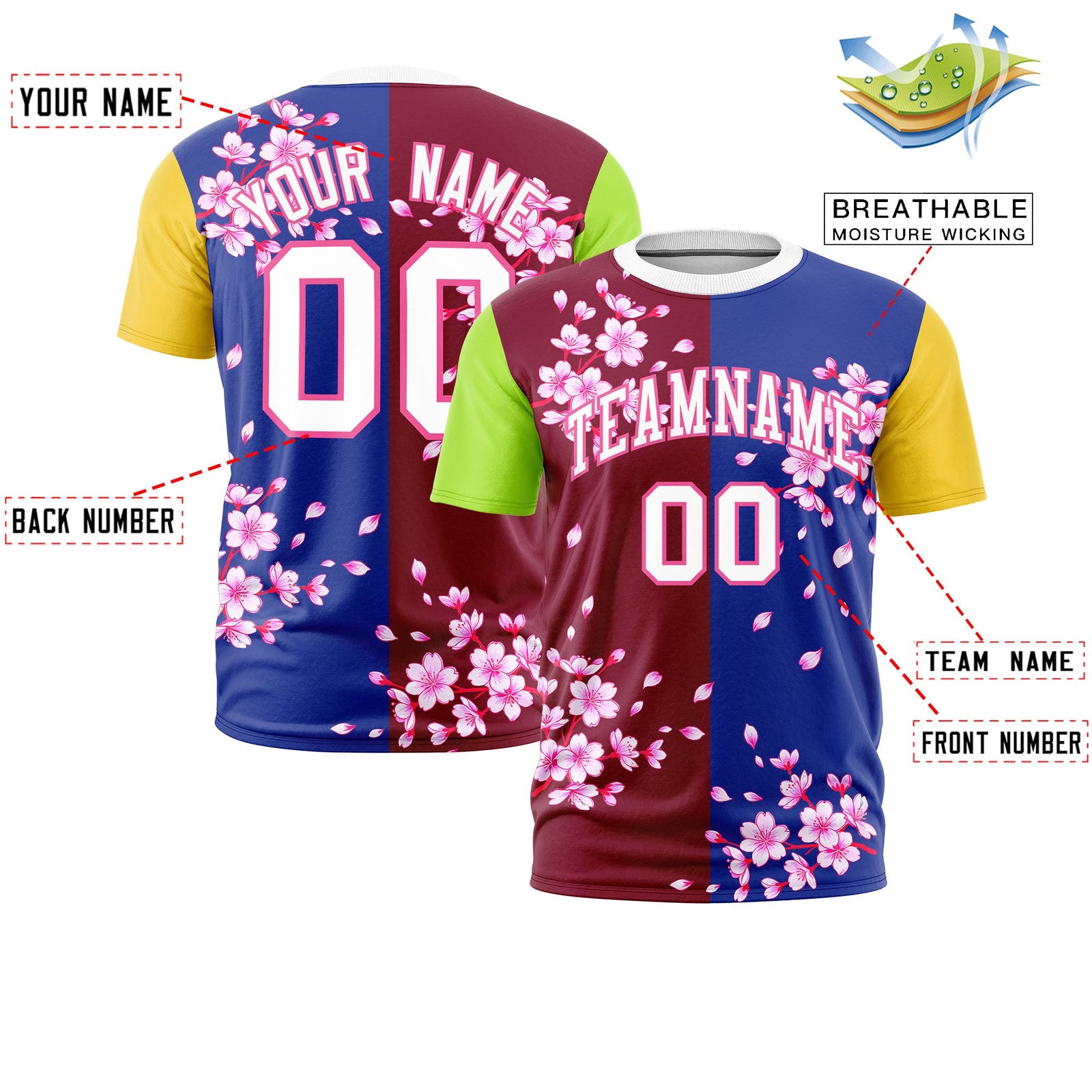 Custom Crimson Royal Blue Neon Green Cherry Blossoms Personalization Stretch Fabric T-shirt| KXKSHOP