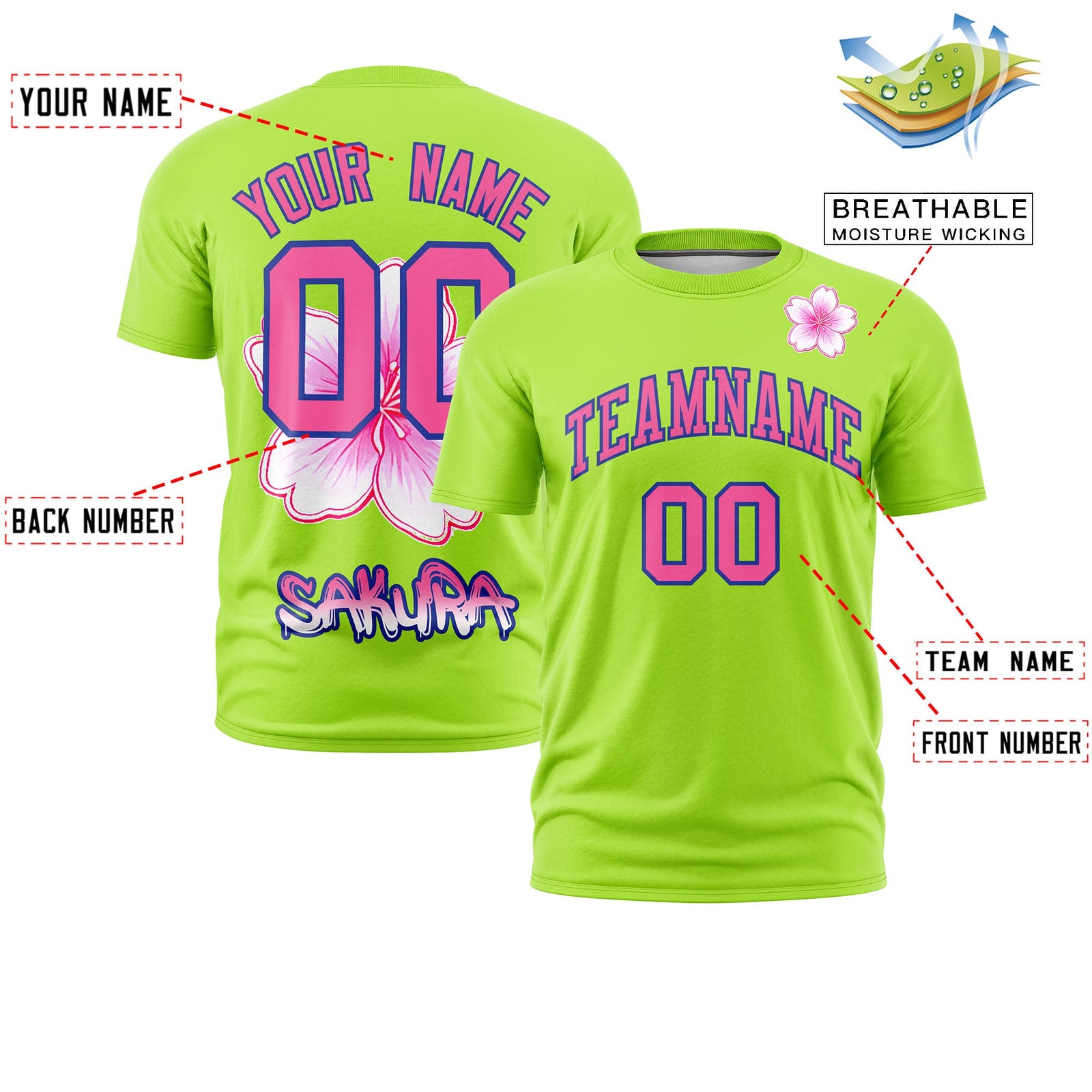 Custom Neon Green Pink Royal Blue Cherry Blossoms Personalization Stretch Fabric T-shirt| KXKSHOP