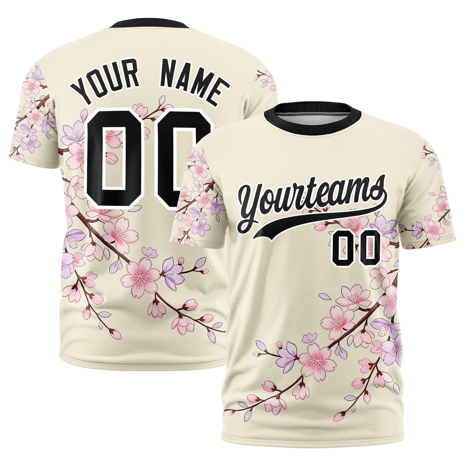 Custom Light Khaki Light Pink Black Cherry Blossoms Personalization Stretch Fabric T-shirt| KXKSHOP