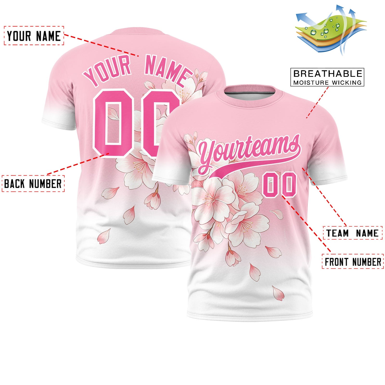 Custom Light Pink White Pink Cherry Blossoms Personalization Stretch Fabric T-shirt| KXKSHOP