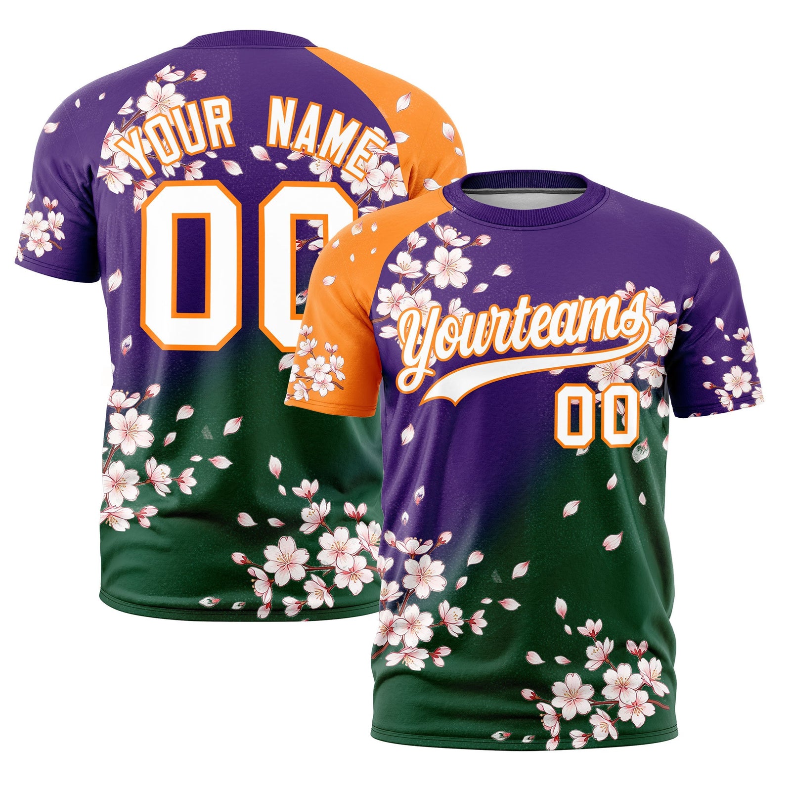 Custom Purple Dark Green Orange Cherry Blossoms Personalization Moisture-Wicking T-shirt| KXKSHOP
