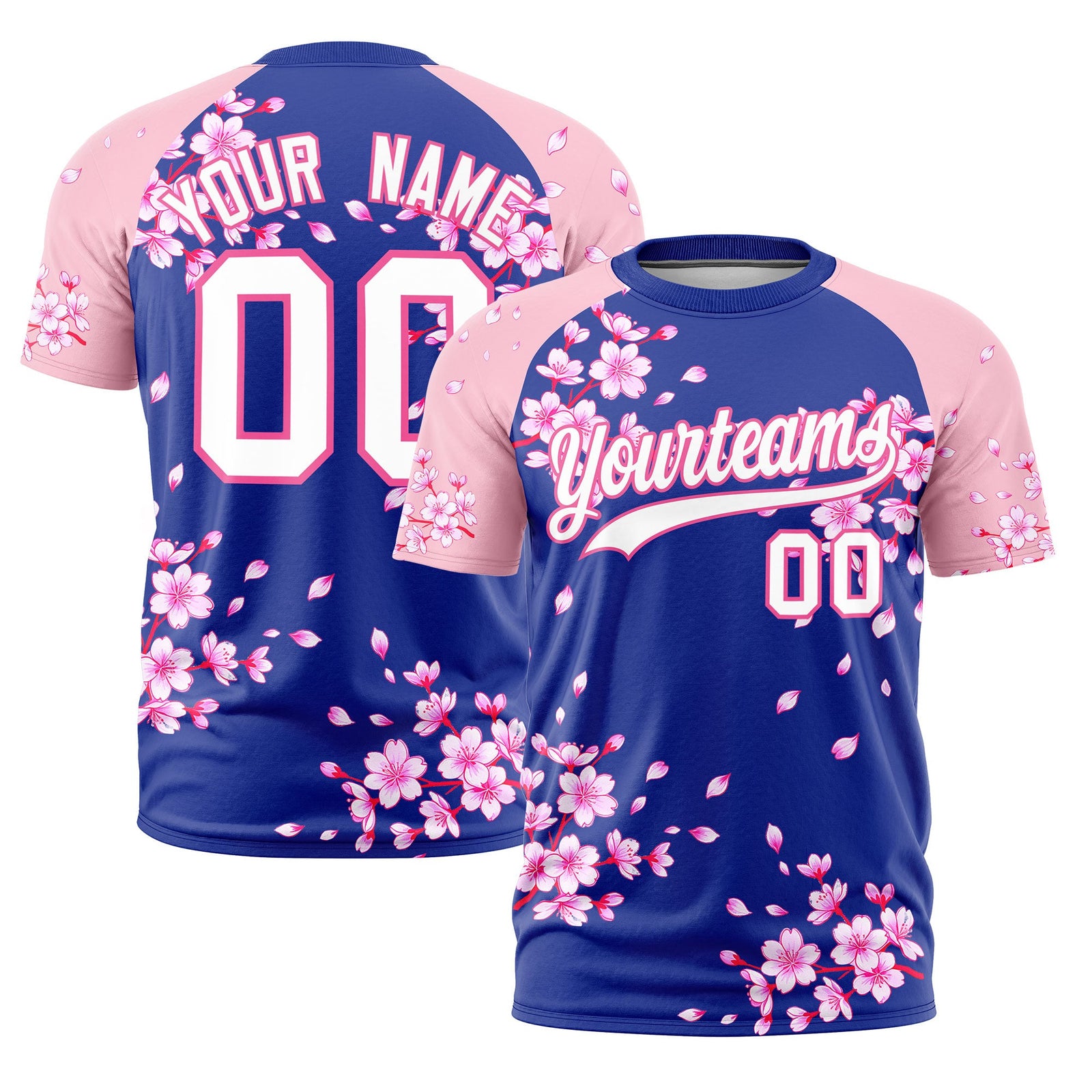 Custom Royal Blue Light Pink White Cherry Blossoms Personalization Moisture-Wicking T-shirt| KXKSHOP