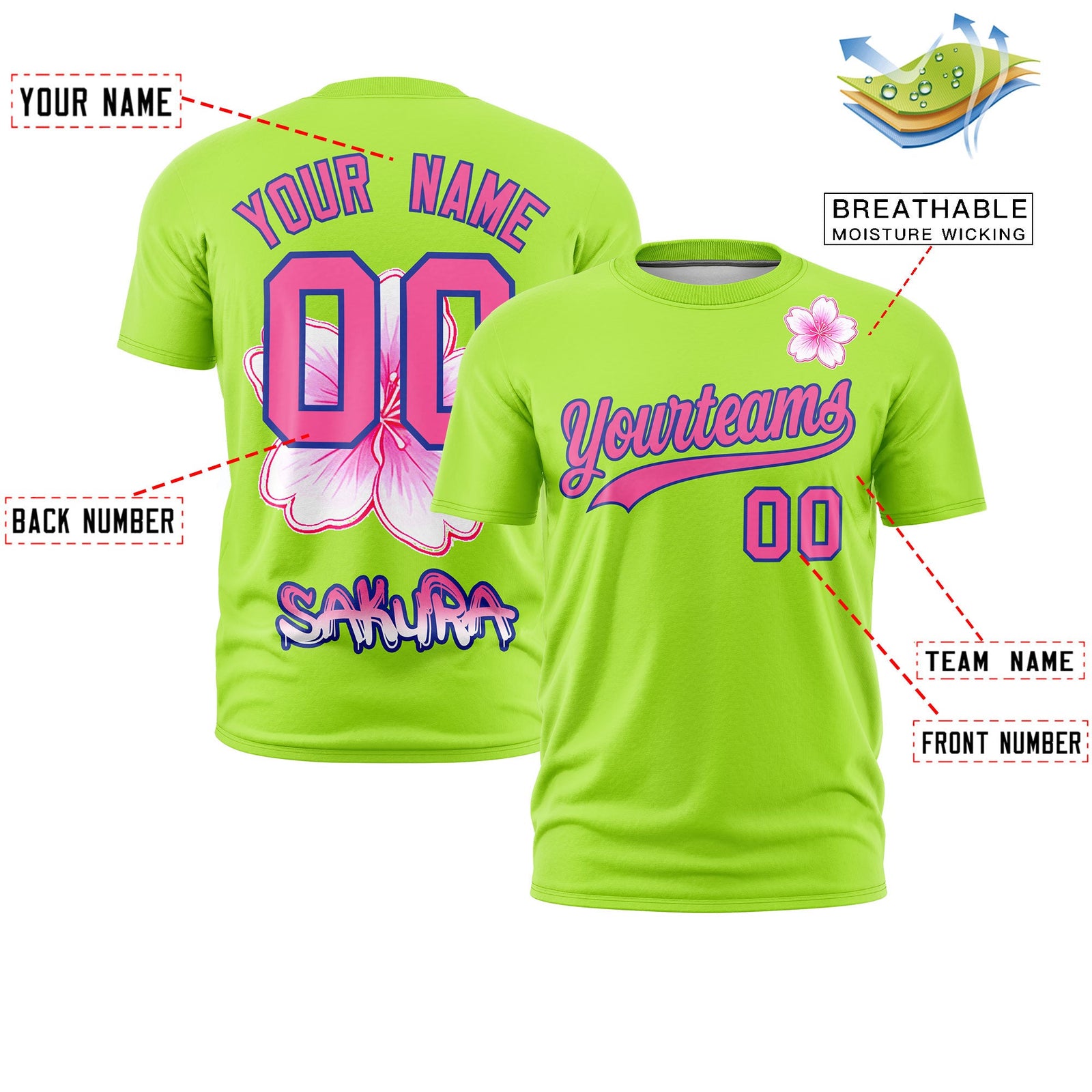 Custom Neon Green Pink Royal Blue Cherry Blossoms Personalization Stretch Fabric T-shirt| KXKSHOP