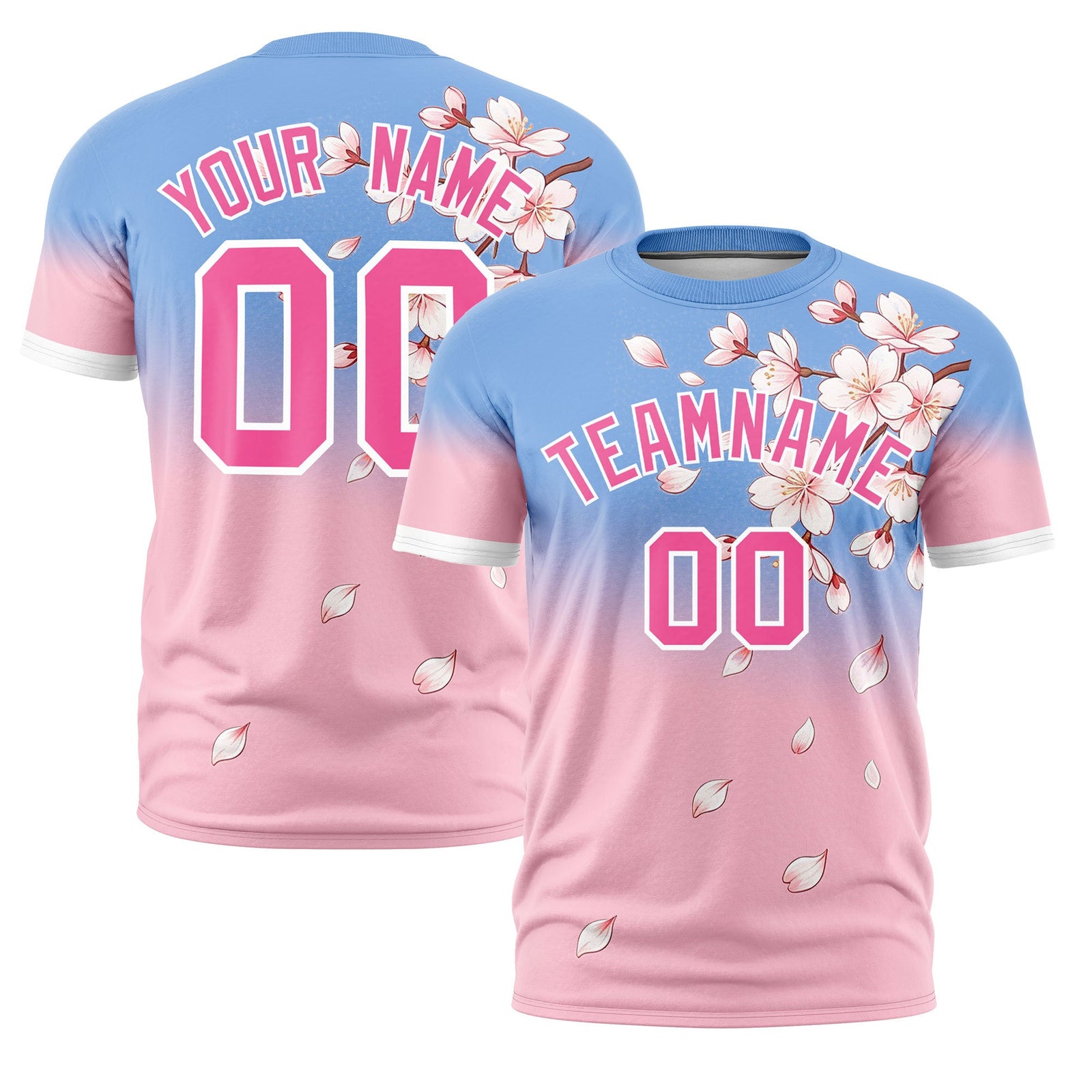 Custom Light Blue Light Pink Pink Cherry Blossoms Personalization Moisture-Wicking T-shirt| KXKSHOP