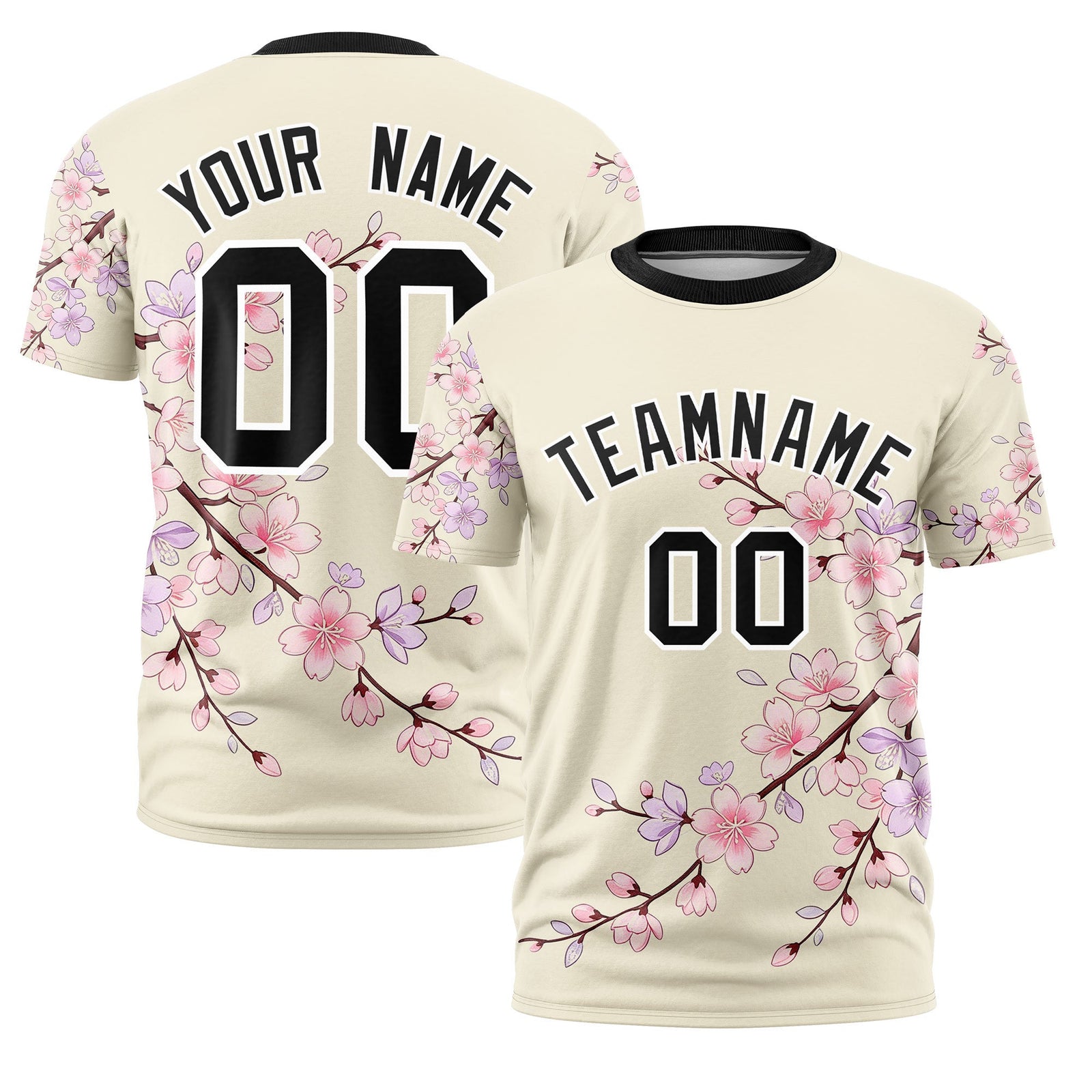 Custom Light Khaki Light Pink Black Cherry Blossoms Personalization Stretch Fabric T-shirt| KXKSHOP