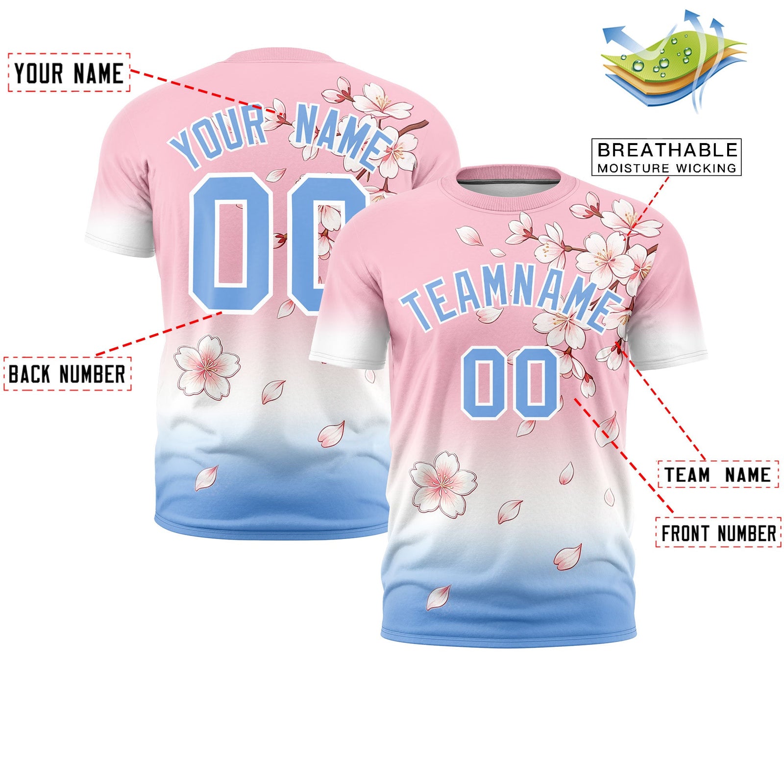 Custom Light Pink White Light Blue Cherry Blossoms Personalization Moisture-Wicking T-shirt| KXKSHOP
