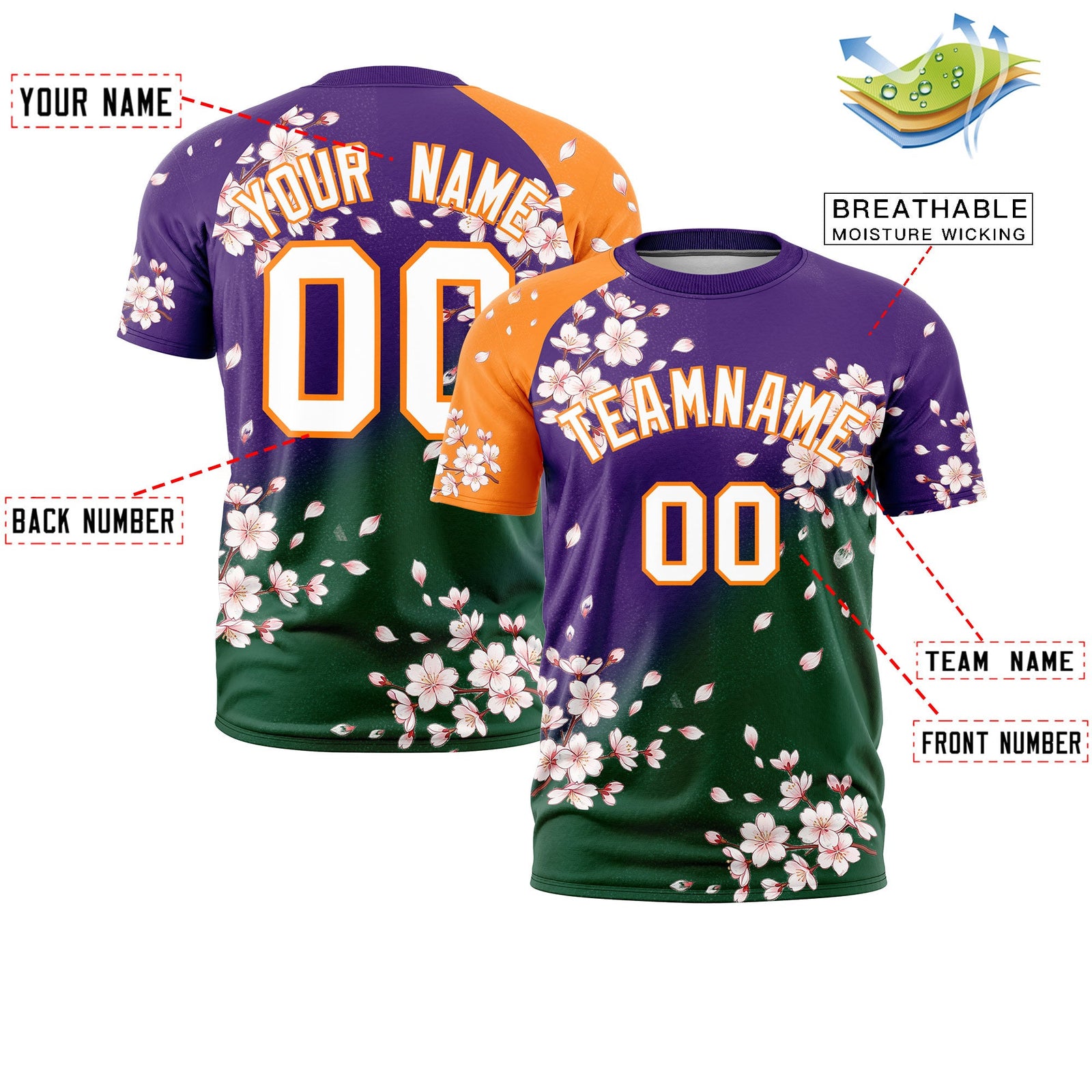 Custom Purple Dark Green Orange Cherry Blossoms Personalization Moisture-Wicking T-shirt| KXKSHOP