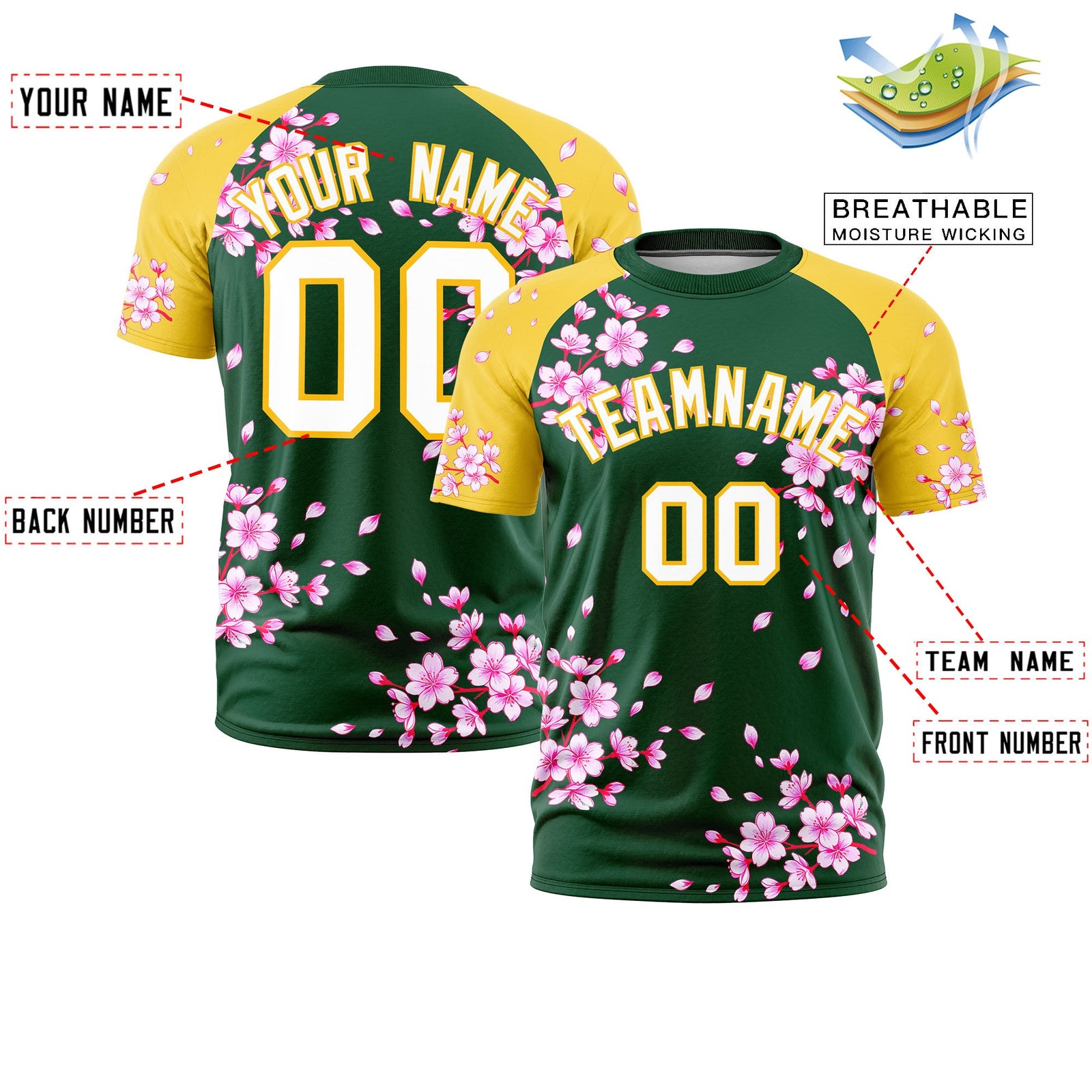 Custom Dark Green Gold White Cherry Blossoms Personalization Stretch Fabric T-shirt| KXKSHOP