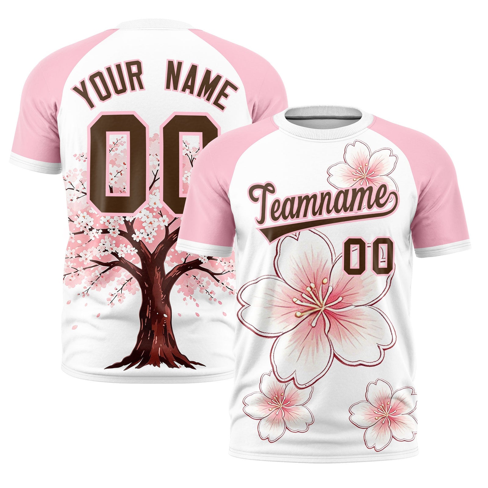 Custom White Light Pink Light Brown Cherry Blossoms Personalization Stretch Fabric T-shirt| KXKSHOP