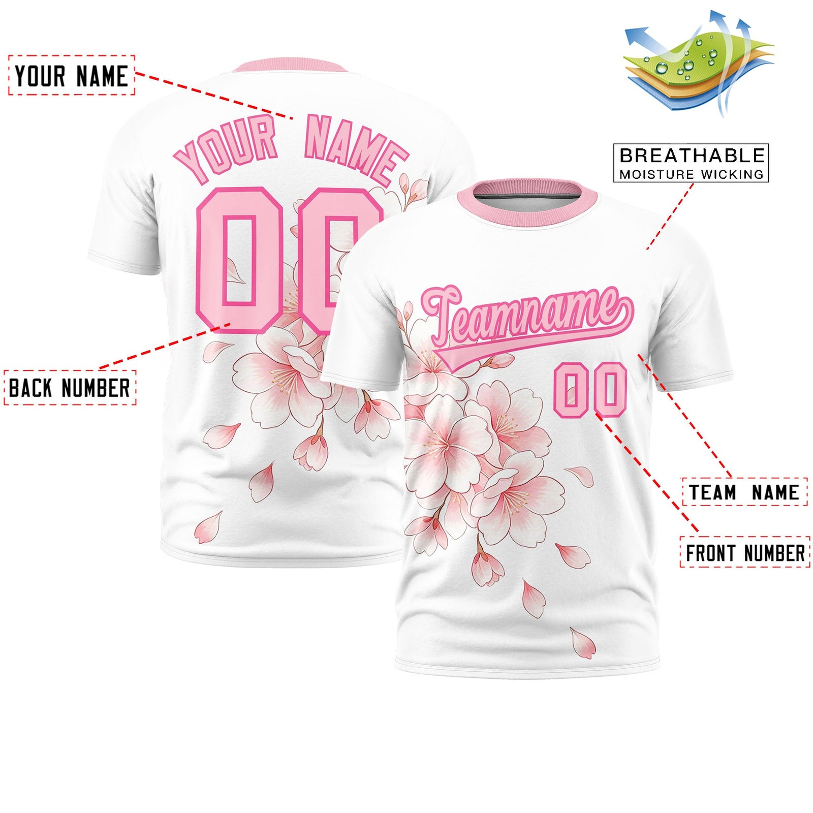 Custom White Light Pink Pink Cherry Blossoms Personalization Moisture-Wicking T-shirt| KXKSHOP