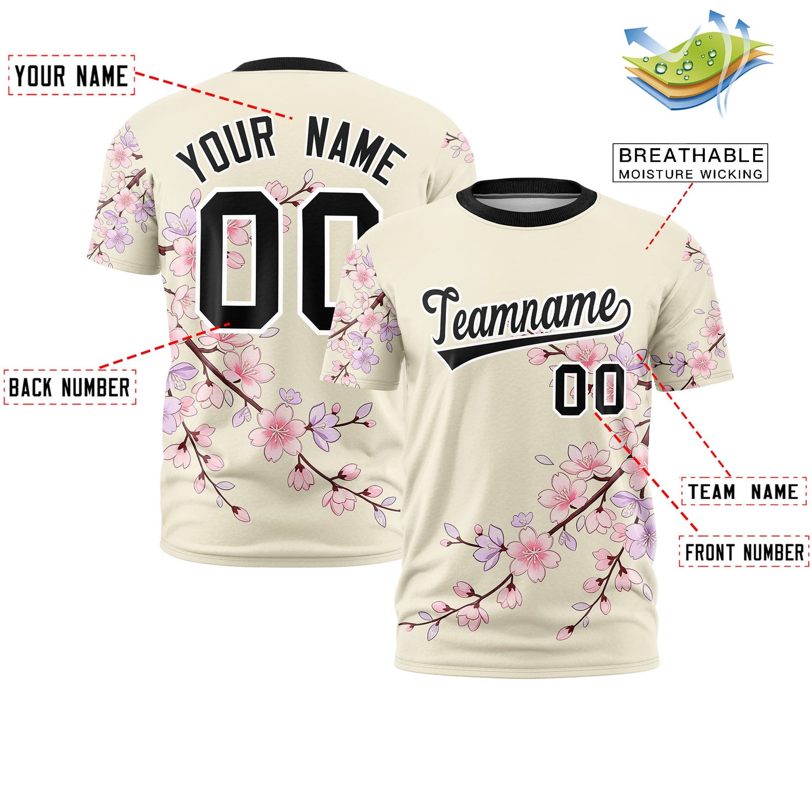 Custom Light Khaki Light Pink Black Cherry Blossoms Personalization Stretch Fabric T-shirt| KXKSHOP