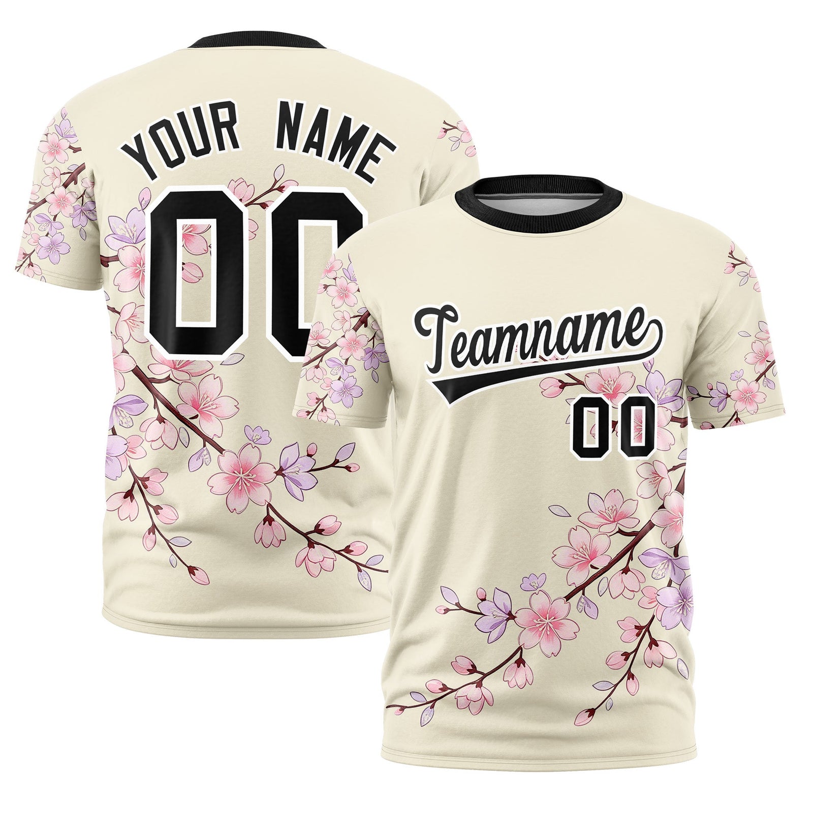 Custom Light Khaki Light Pink Black Cherry Blossoms Personalization Stretch Fabric T-shirt| KXKSHOP