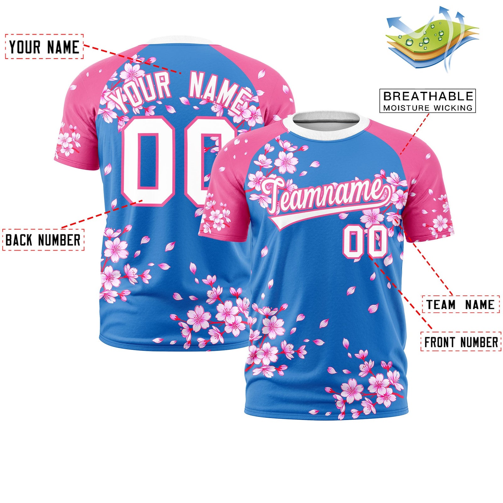 Custom Light Blue Pink White Cherry Blossoms Personalization Stretch Fabric T-shirt| KXKSHOP