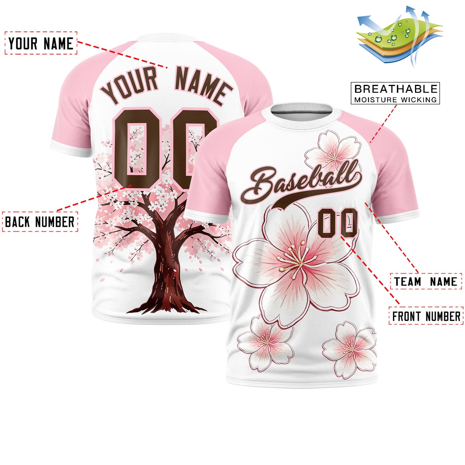 Custom White Light Pink Light Brown Cherry Blossoms Personalization Stretch Fabric T-shirt| KXKSHOP