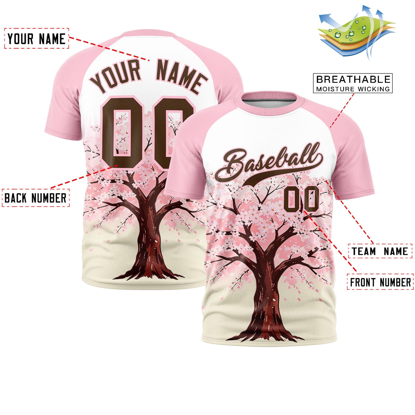 Custom White Light Pink Light Khaki Cherry Blossoms Personalization Stretch Fabric T-shirt| KXKSHOP