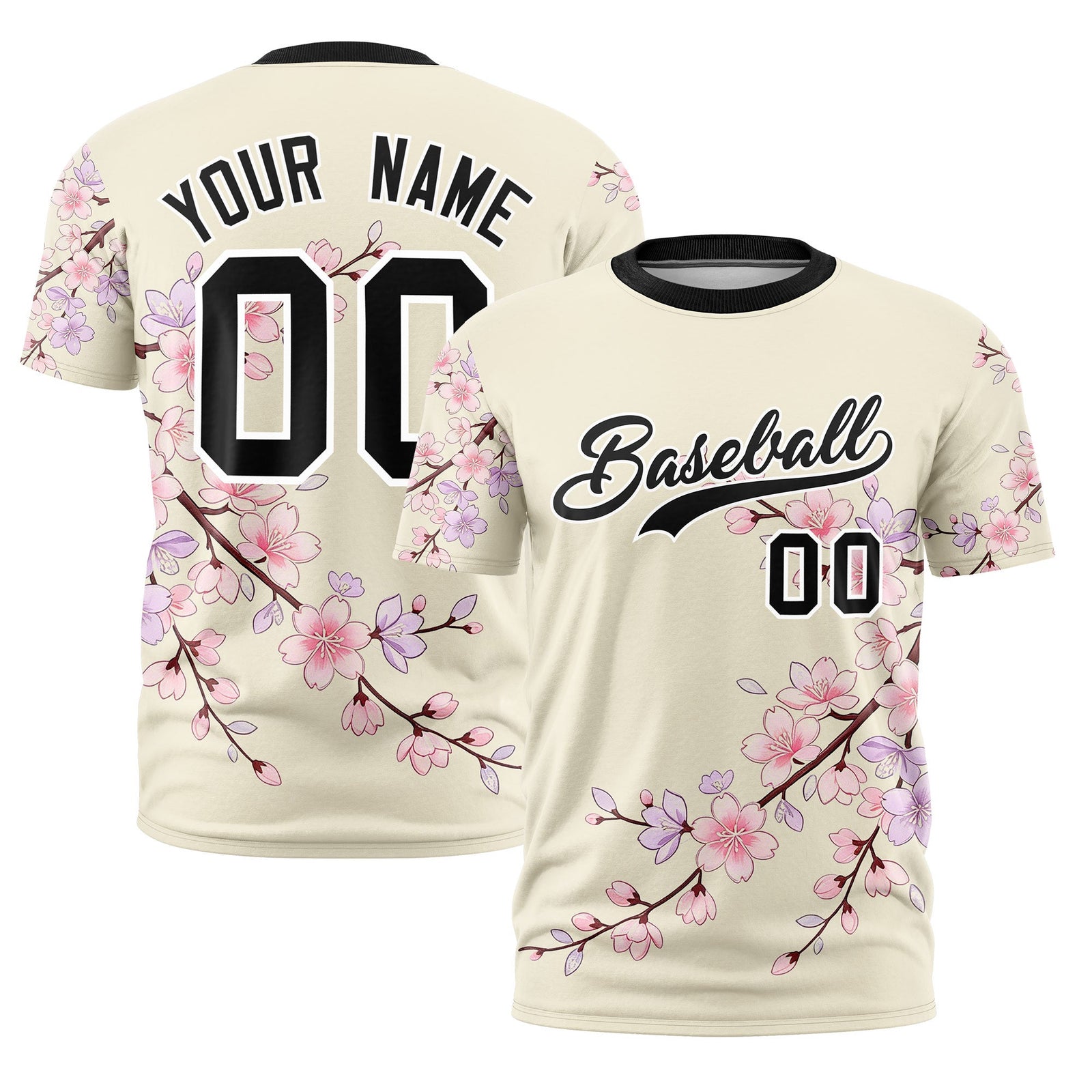 Custom Light Khaki Light Pink Black Cherry Blossoms Personalization Stretch Fabric T-shirt| KXKSHOP