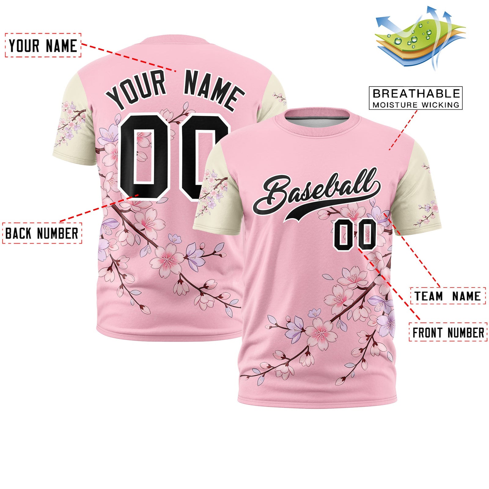Custom Light Pink Light Khaki Black Cherry Blossoms Personalization Stretch Fabric T-shirt| KXKSHOP