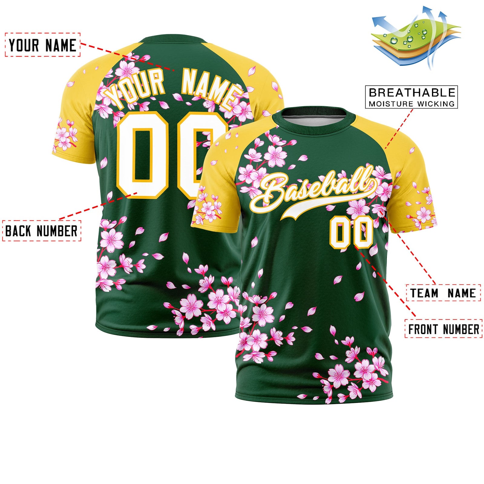 Custom Dark Green Gold White Cherry Blossoms Personalization Stretch Fabric T-shirt| KXKSHOP